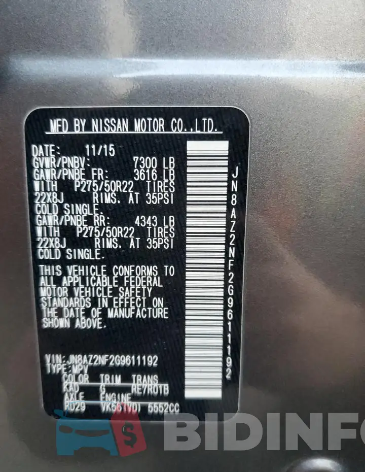 JN8AZ2NF2G9611192 Photo# 14