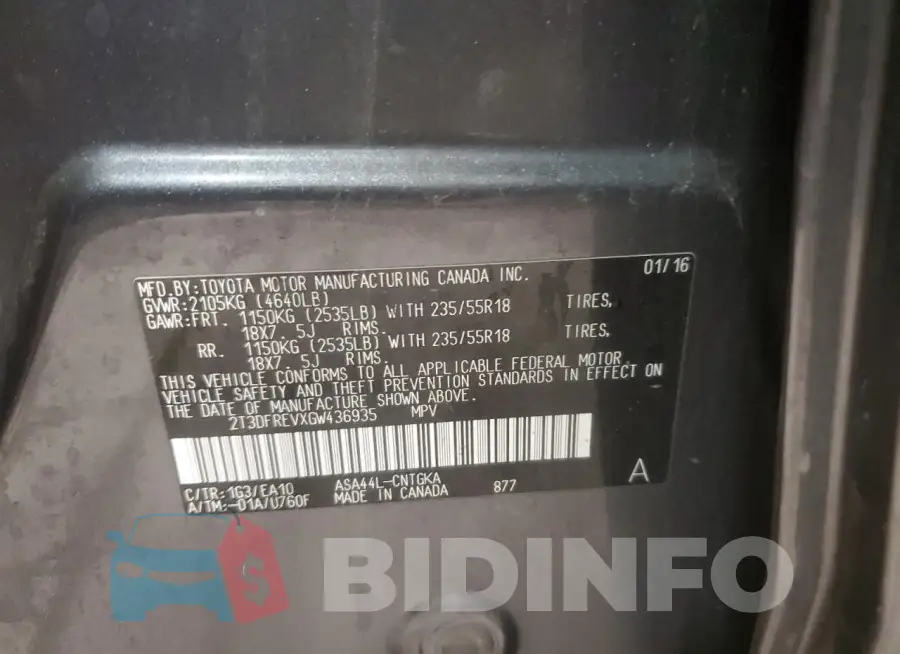 2T3DFREVXGW436935 Photo# 12