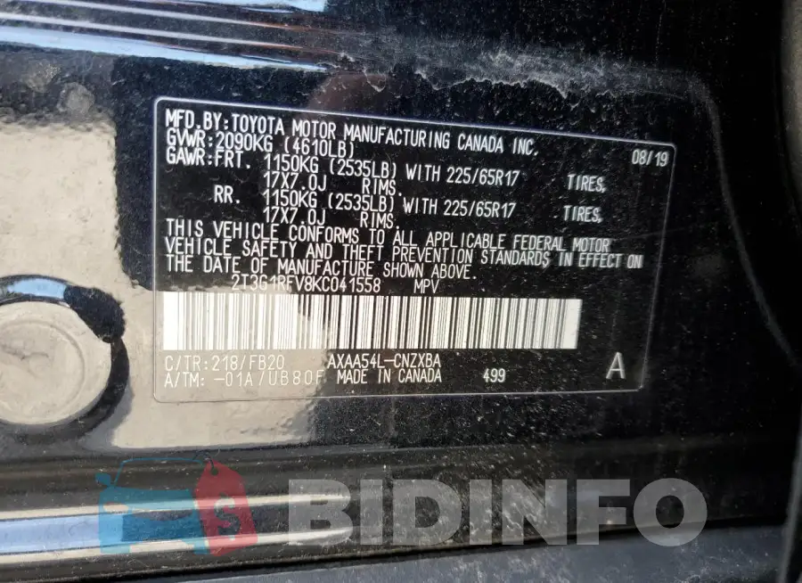 2T3G1RFV8KC041558 Photo# 13