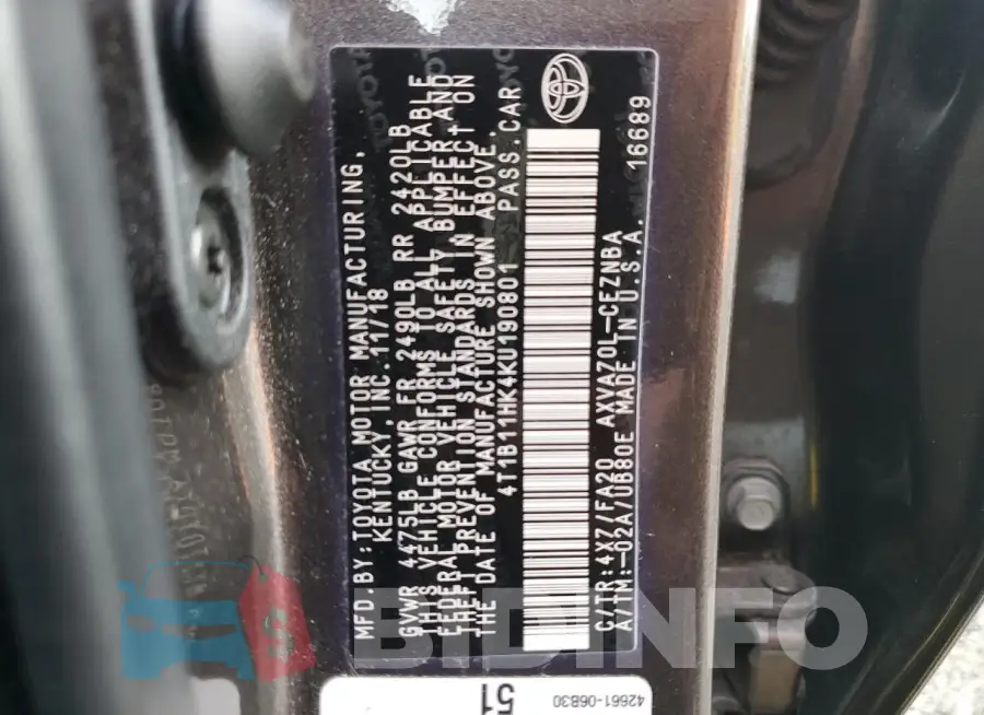 4T1B11HK4KU190801 Photo# 12