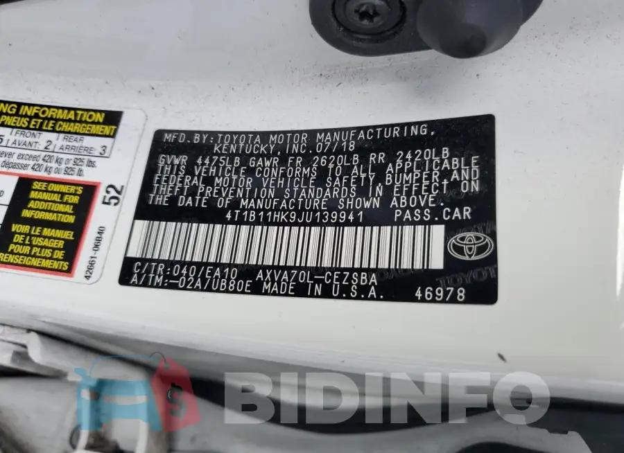 4T1B11HK9JU139941 Photo# 13