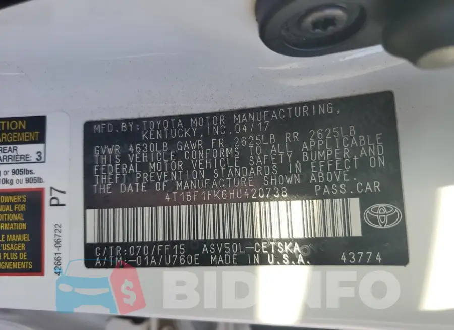 4T1BF1FK6HU420738 Photo# 12