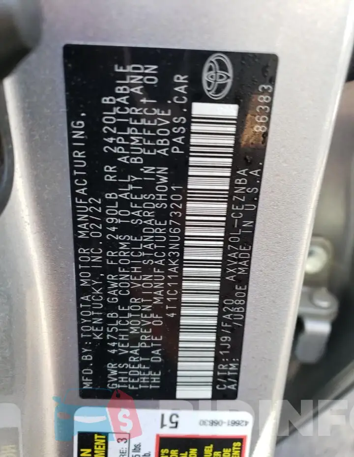 4T1C11AK3NU673201 Photo# 12