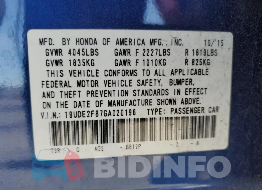 19UDE2F87GA020196 Photo# 13