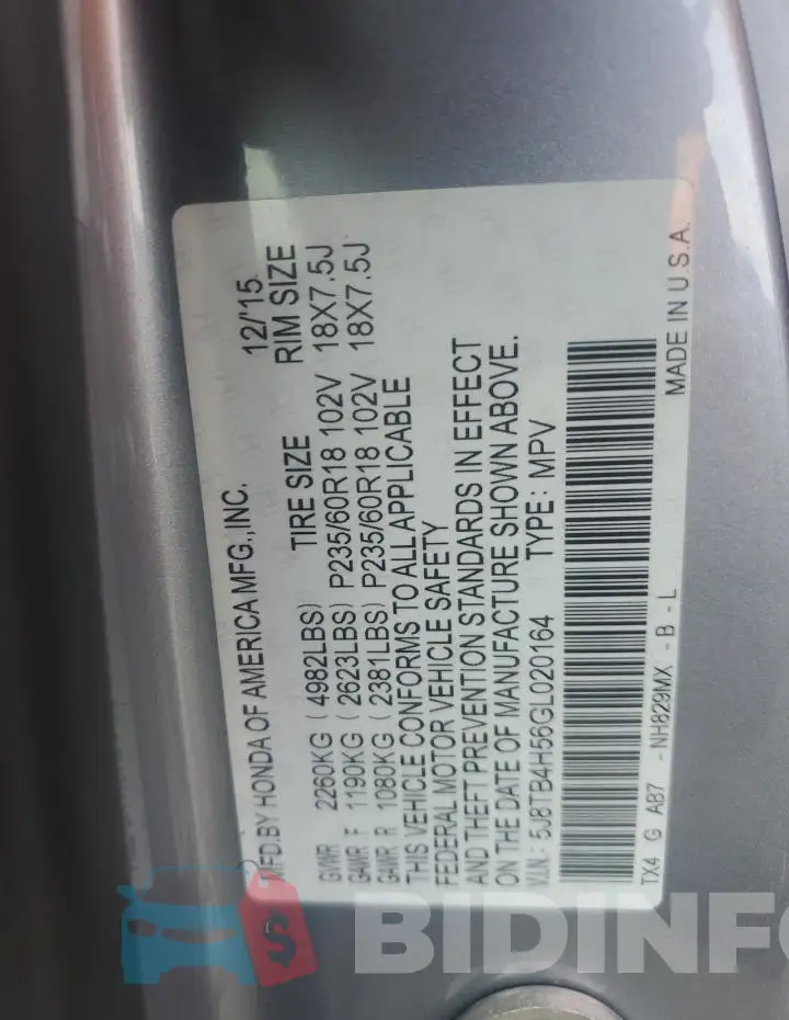 5J8TB4H56GL020164 Photo# 12