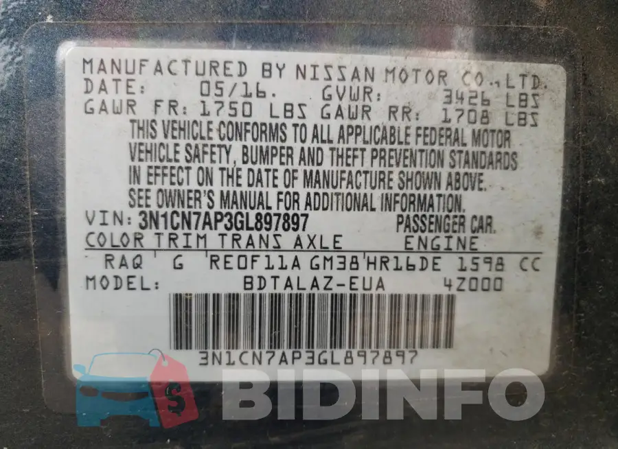 3N1CN7AP3GL897897 Photo# 13