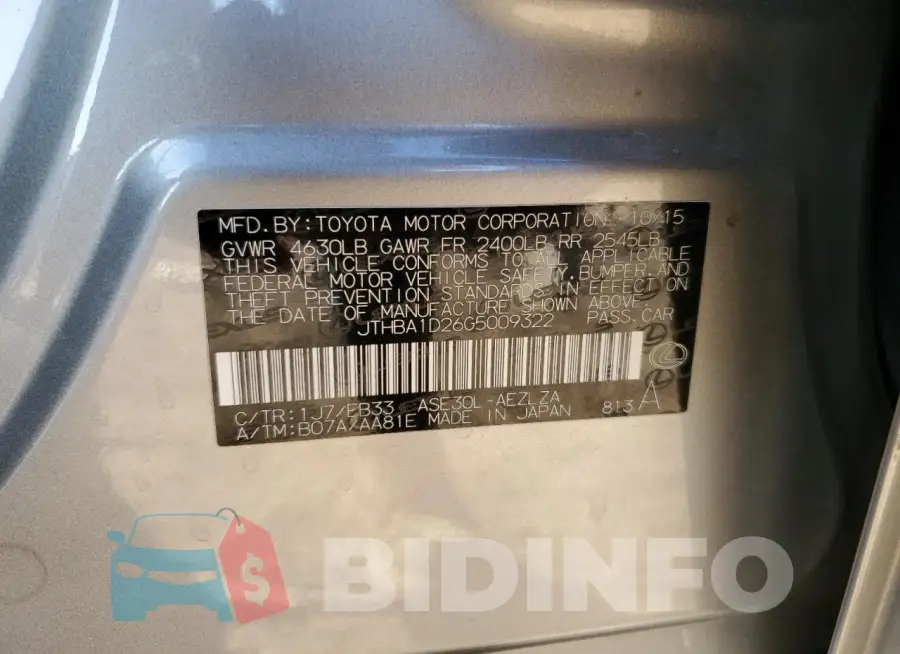 JTHBA1D26G5009322 Photo# 12