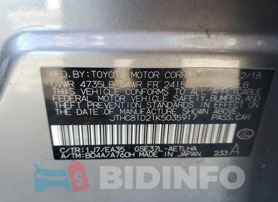JTHC81D21K5035917 Photo# 12