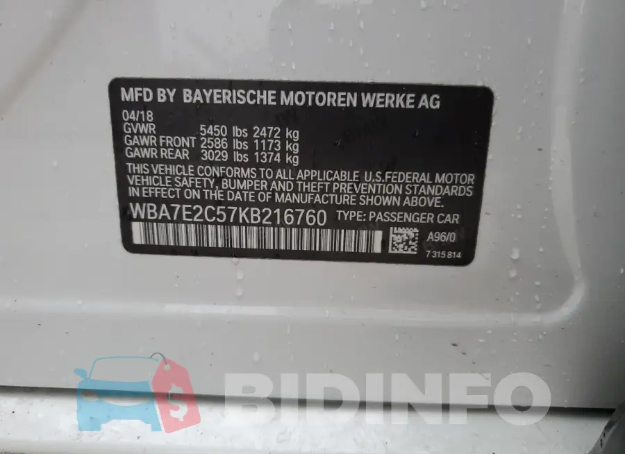 WBA7E2C57KB216760 Photo# 12