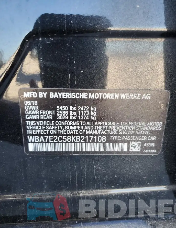 WBA7E2C58KB217108 Photo# 12