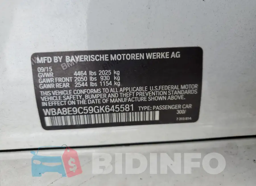 WBA8E9C59GK645581 Photo# 12