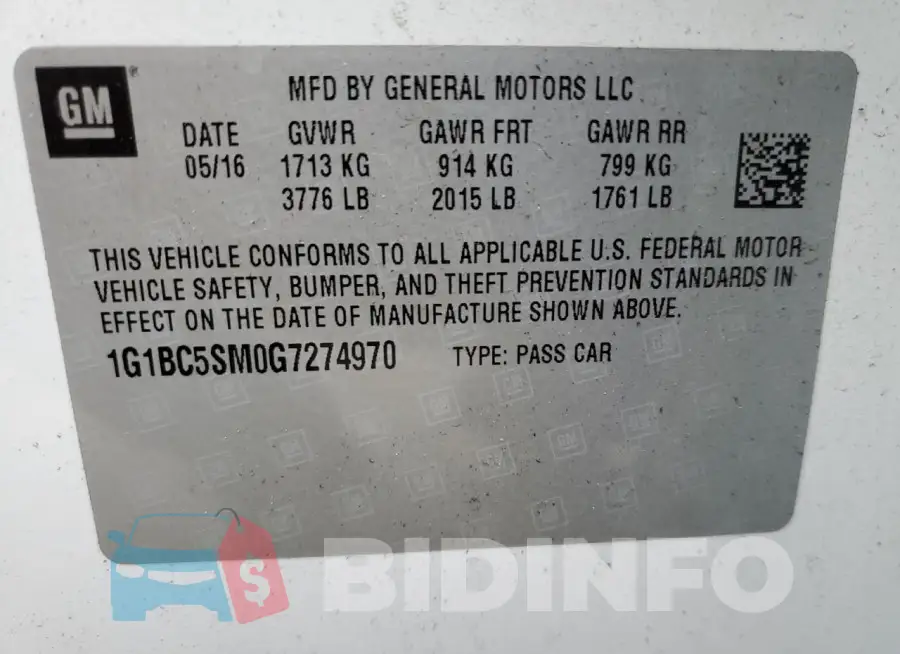 1G1BC5SM0G7274970 Photo# 12