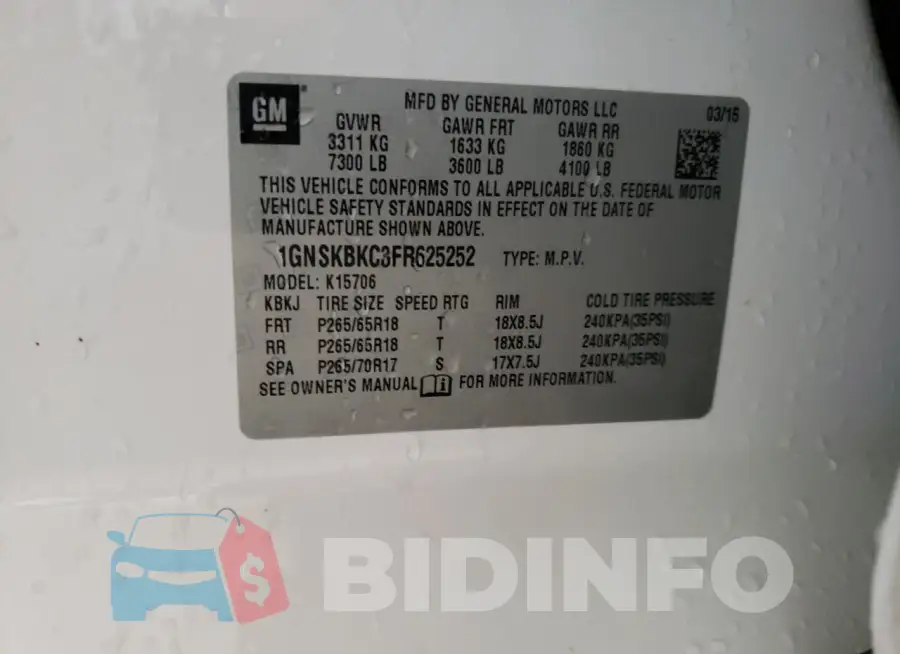 1GNSKBKC3FR625252 Photo# 12