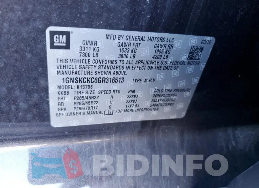 1GNSKCKC6GR316513 Photo# 12