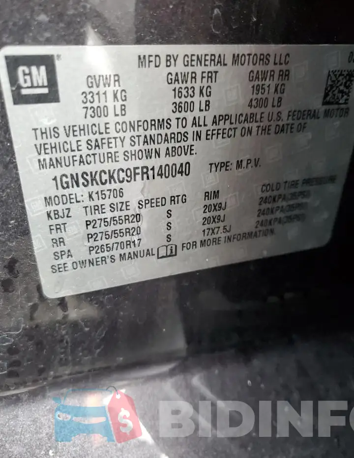 1GNSKCKC9FR140040 Photo# 12