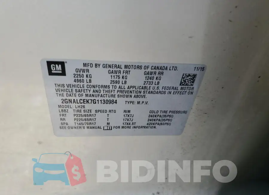 2GNALCEK7G1130984 Photo# 13