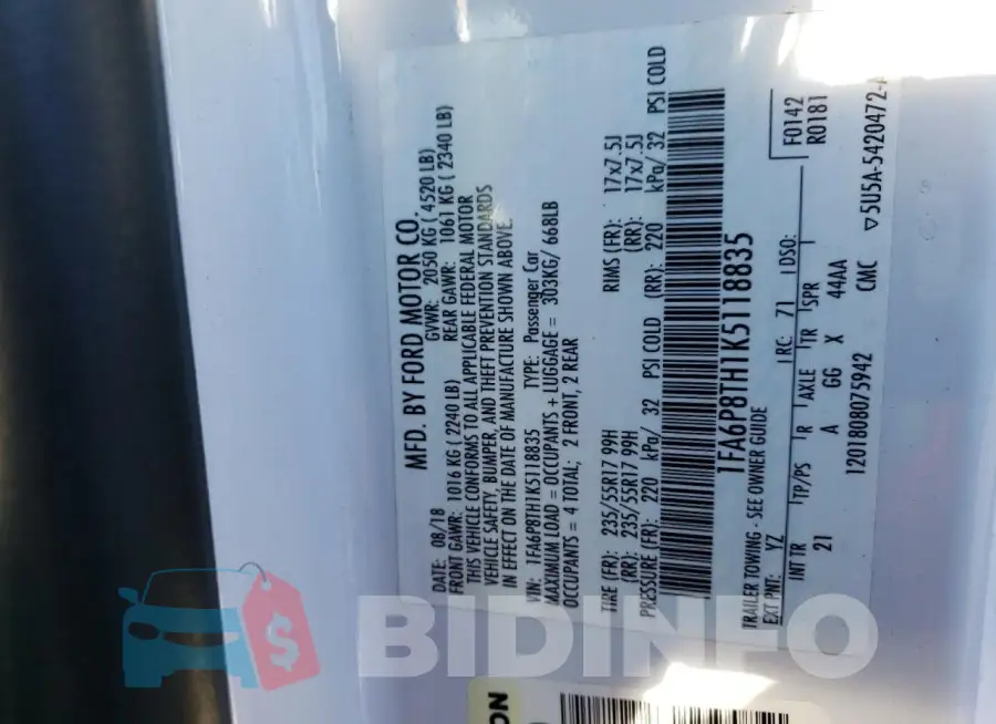 1FA6P8TH1K5118835 Photo# 12
