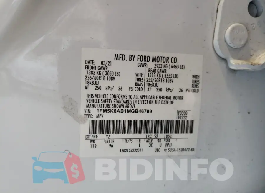 1FM5K8AB1MGB46799 Photo# 13