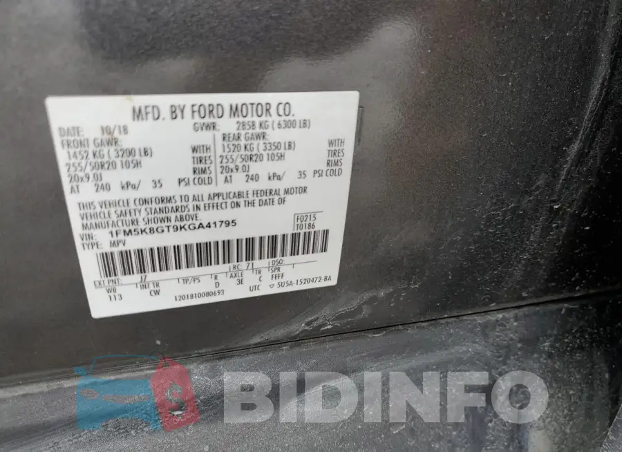 1FM5K8GT9KGA41795 Photo# 13