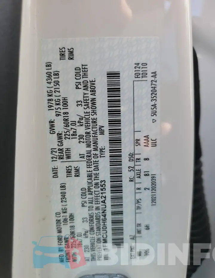 1FMCU0H64NUA21553 Photo# 12