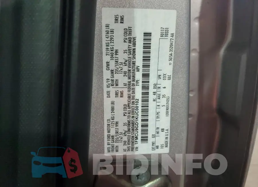 1FMCU9GD1KUC00102 Photo# 14