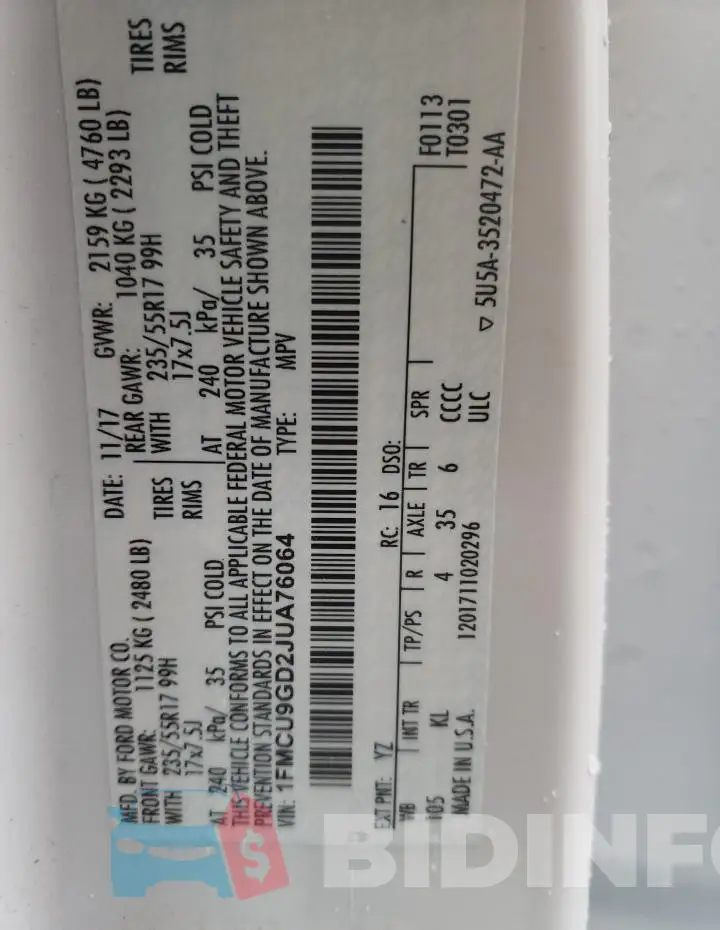1FMCU9GD2JUA76064 Photo# 13
