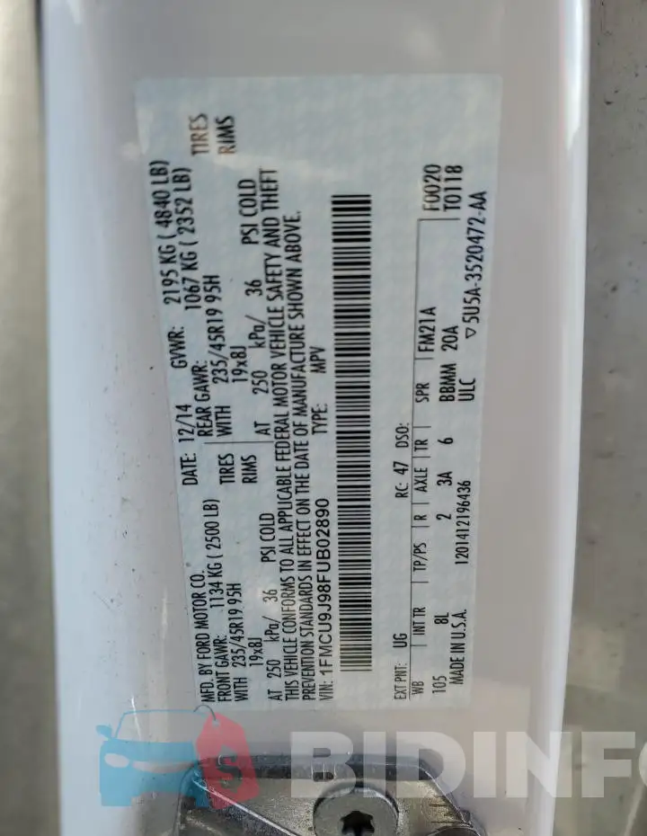 1FMCU9J98FUB02890 Photo# 14