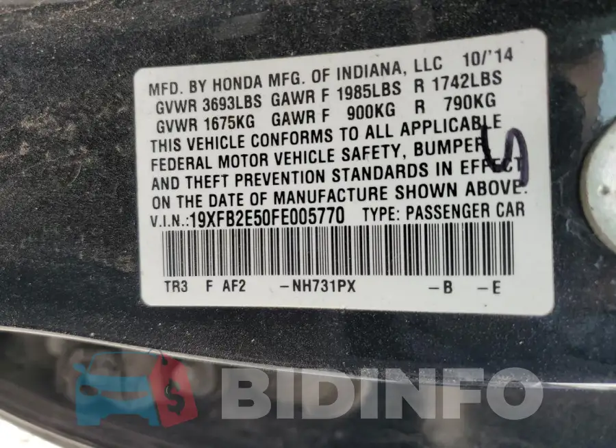19XFB2E50FE005770 Photo# 13