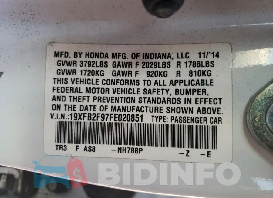 19XFB2F97FE020851 Photo# 13