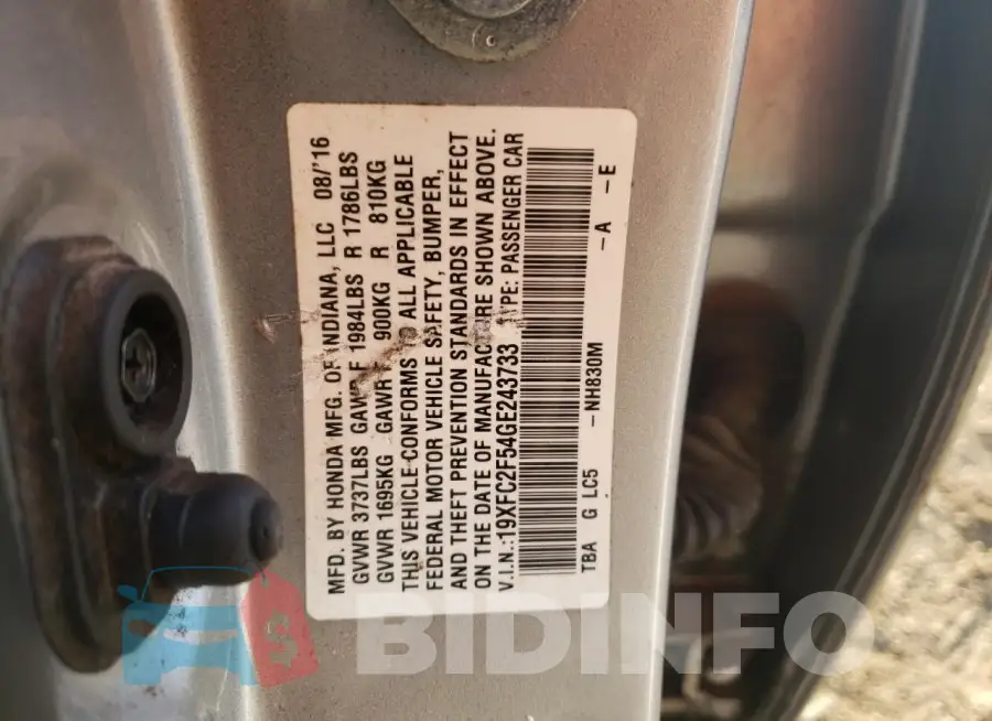 19XFC2F54GE243733 Photo# 12