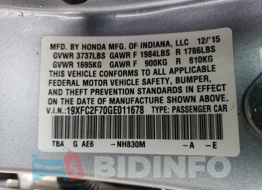19XFC2F70GE011678 Photo# 12