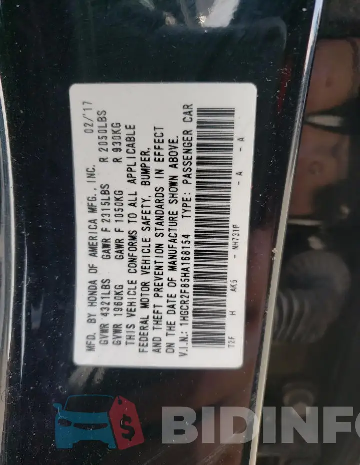 1HGCR2F85HA168154 Photo# 13