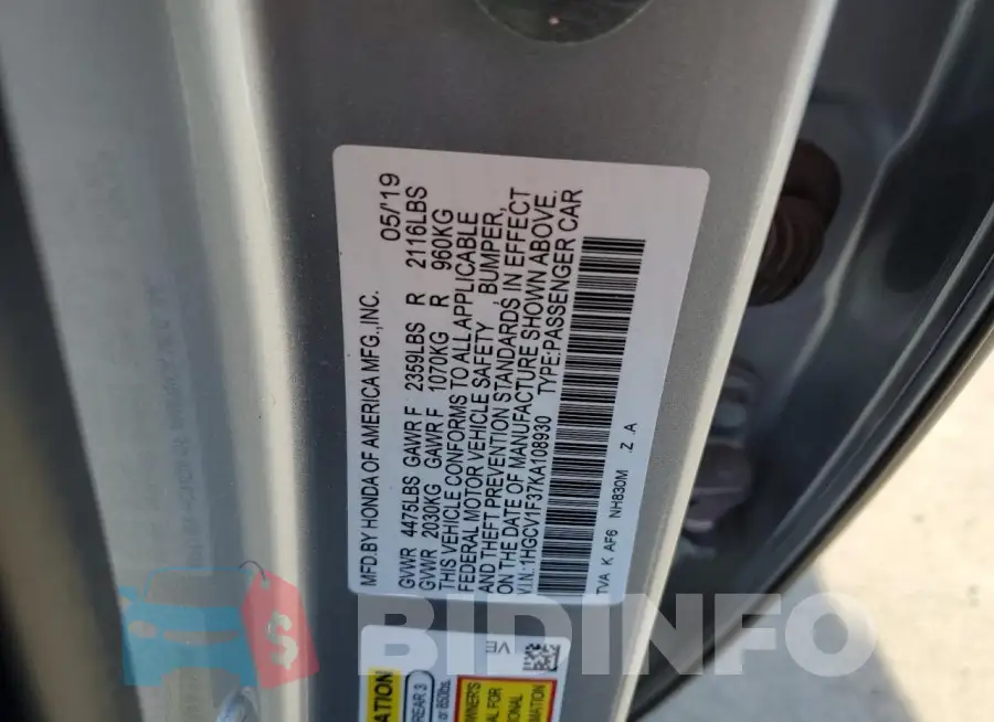 1HGCV1F37KA108930 Photo# 13
