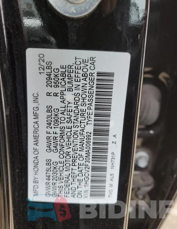 1HGCV2F30MA006992 Photo# 12