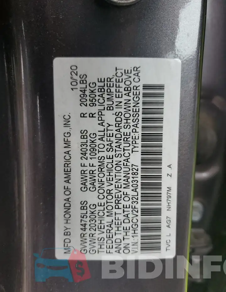 1HGCV2F32LA031827 Photo# 12