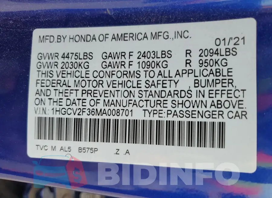 1HGCV2F36MA008701 Photo# 12