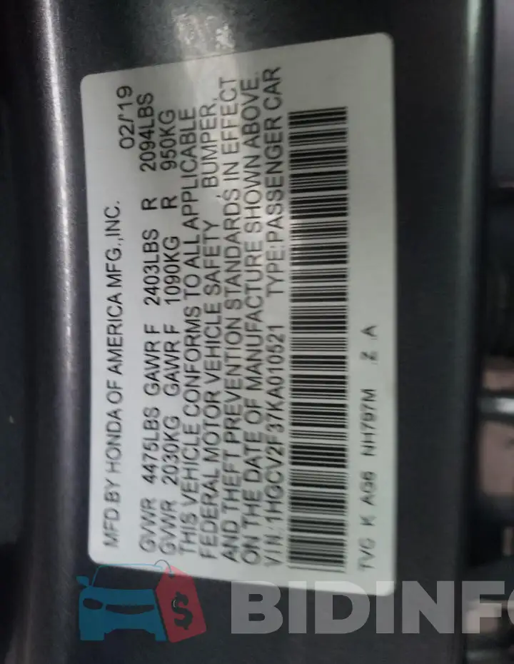 1HGCV2F37KA010521 Photo# 12
