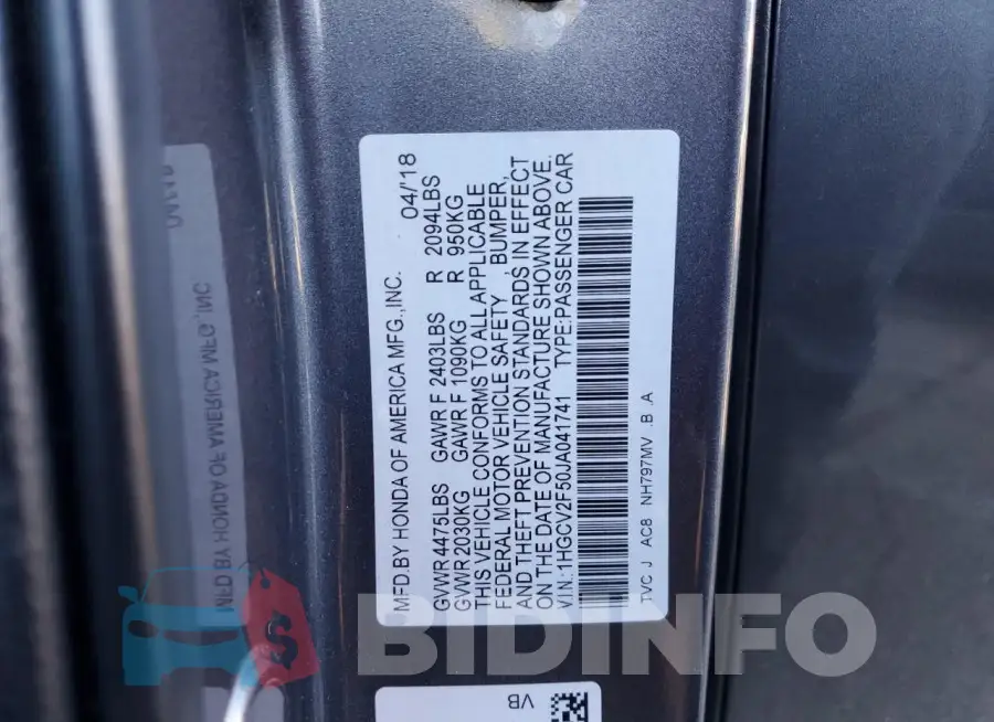 1HGCV2F50JA041741 Photo# 12