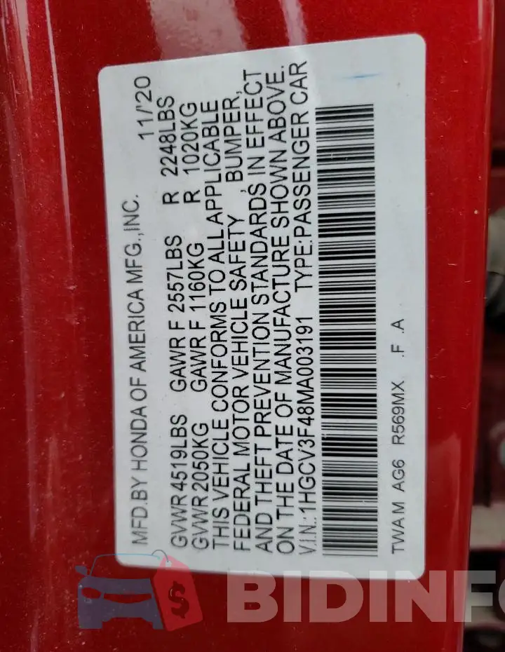 1HGCV3F48MA003191 Photo# 12