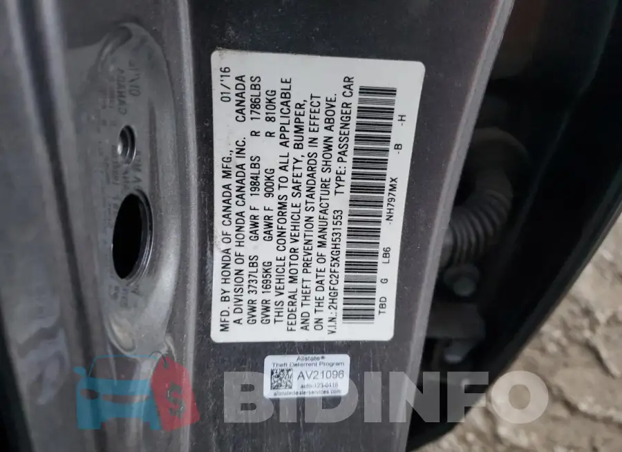 2HGFC2F5XGH531553 Photo# 13