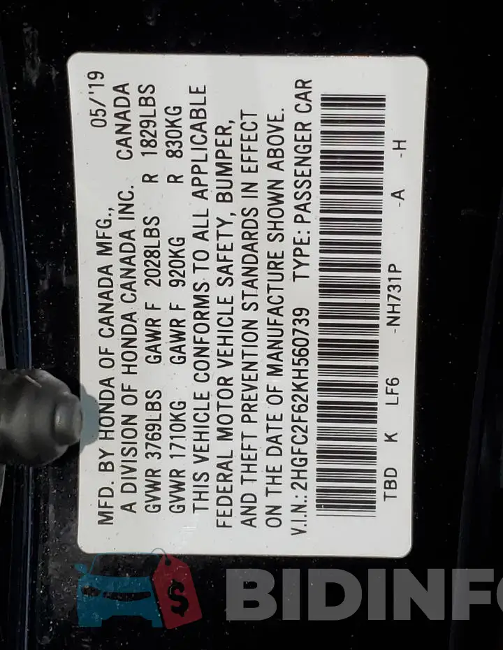 2HGFC2F62KH560739 Photo# 12