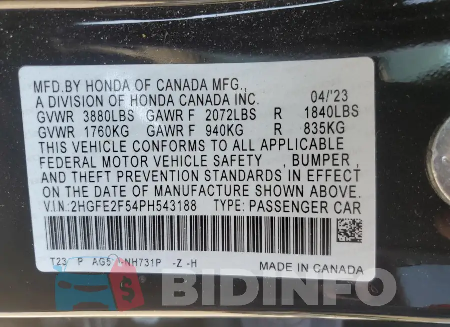 2HGFE2F54PH543188 Photo# 13