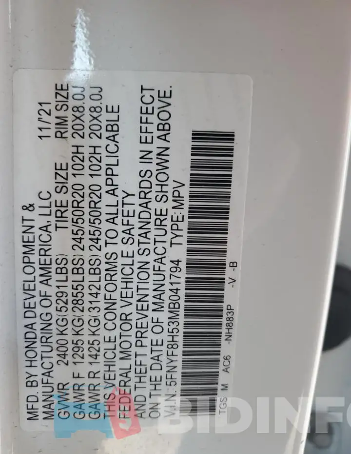 5FNYF8H53MB041794 Photo# 14