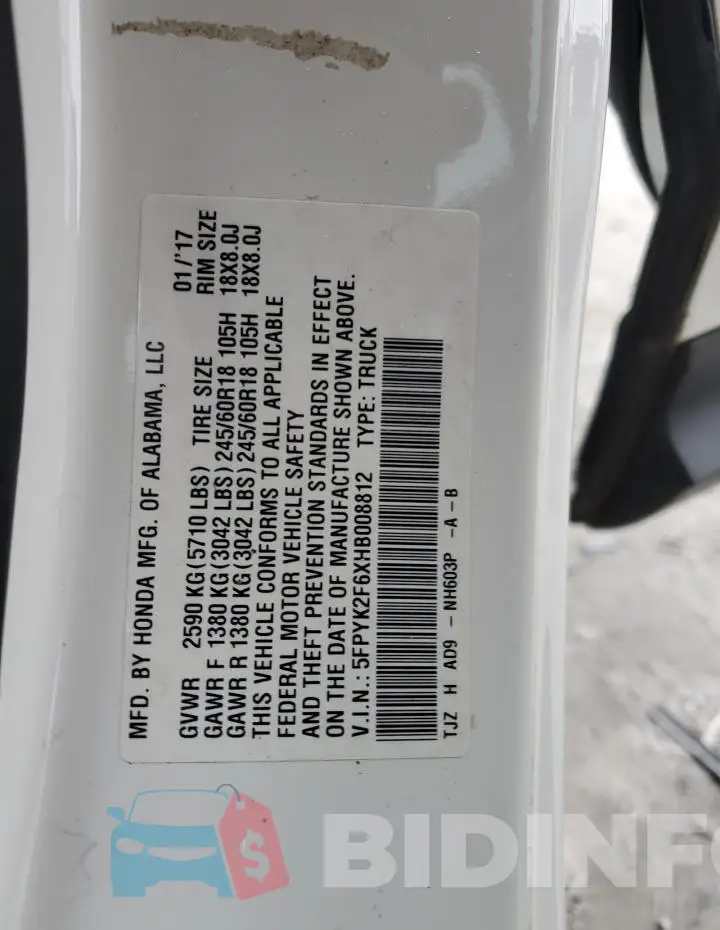 5FPYK2F6XHB008812 Photo# 12