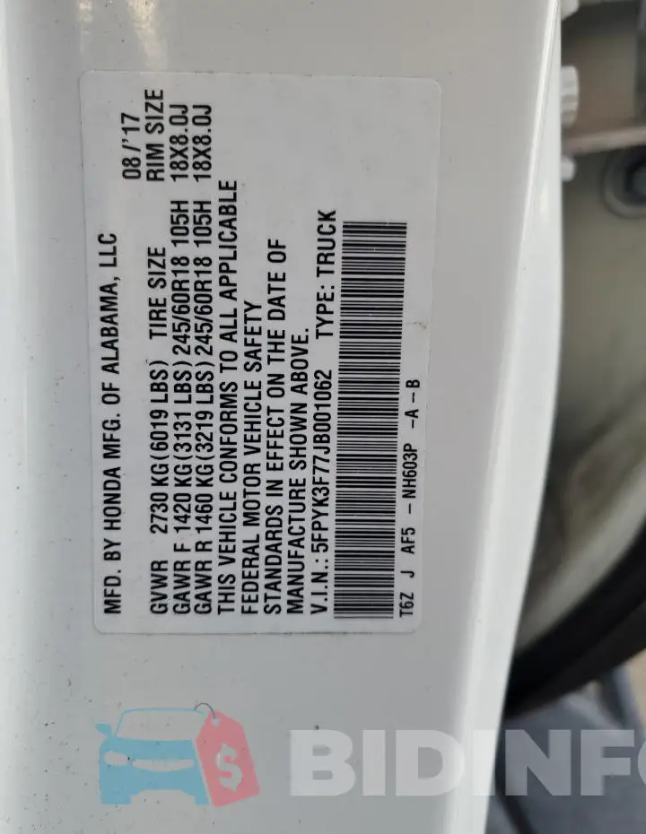 5FPYK3F77JB001062 Photo# 12
