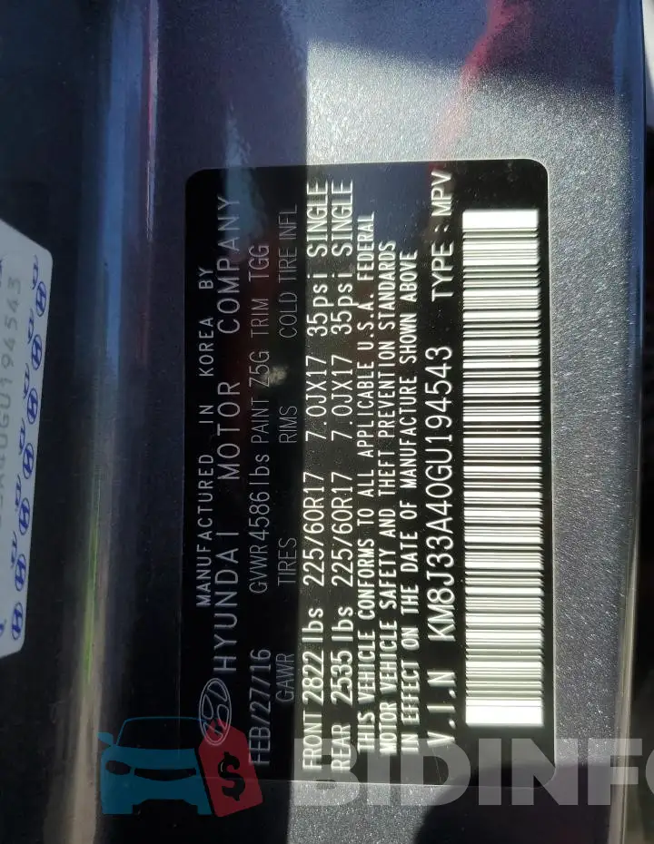 KM8J33A40GU194543 Photo# 14