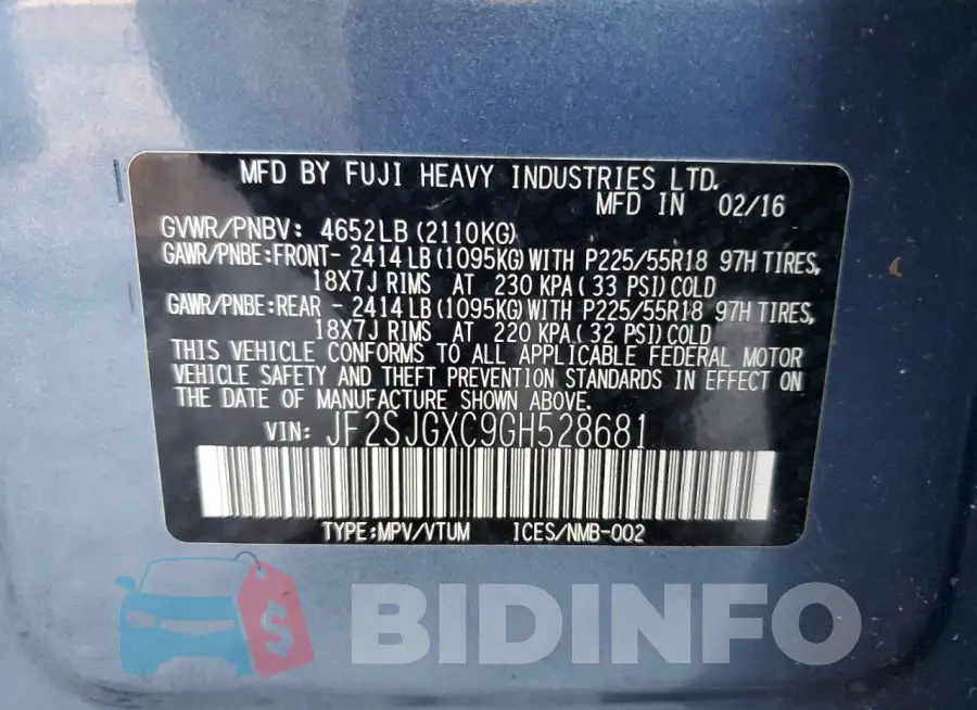 JF2SJGXC9GH528681 Photo# 13