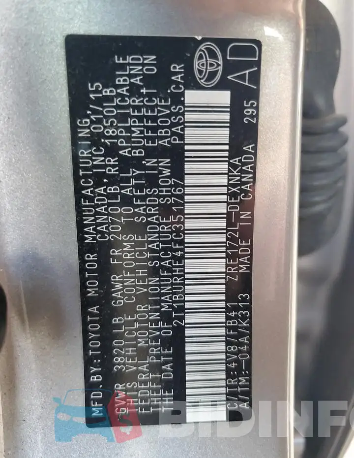 2T1BURHE4FC351767 Photo# 12