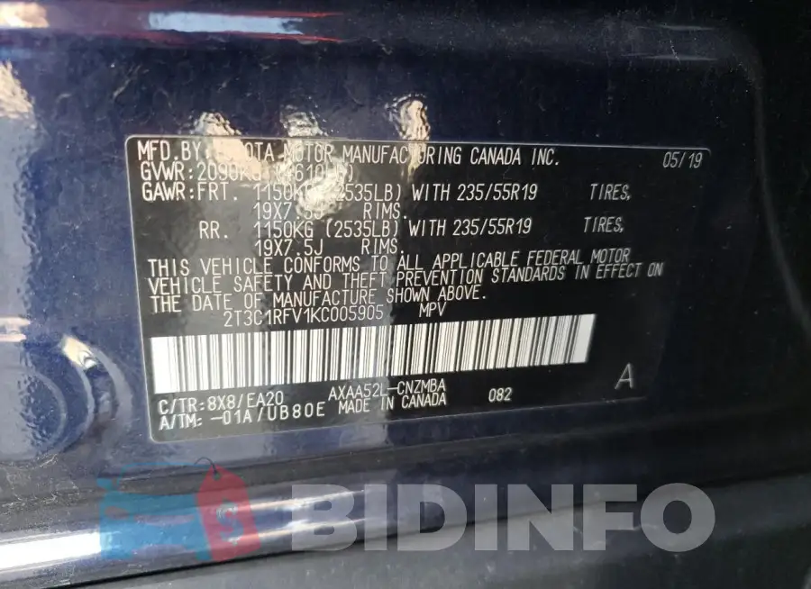 2T3C1RFV1KC005905 Photo# 12