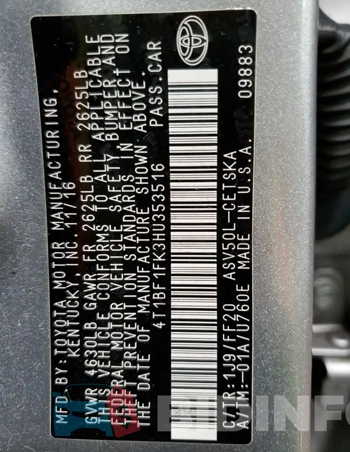4T1BF1FK3HU353516 Photo# 12
